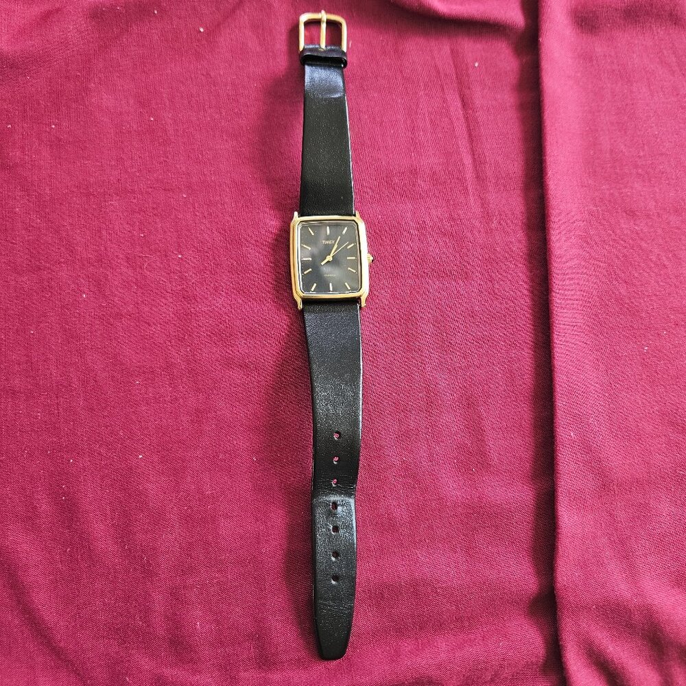 Men's Timex watch, black leather band, new battery